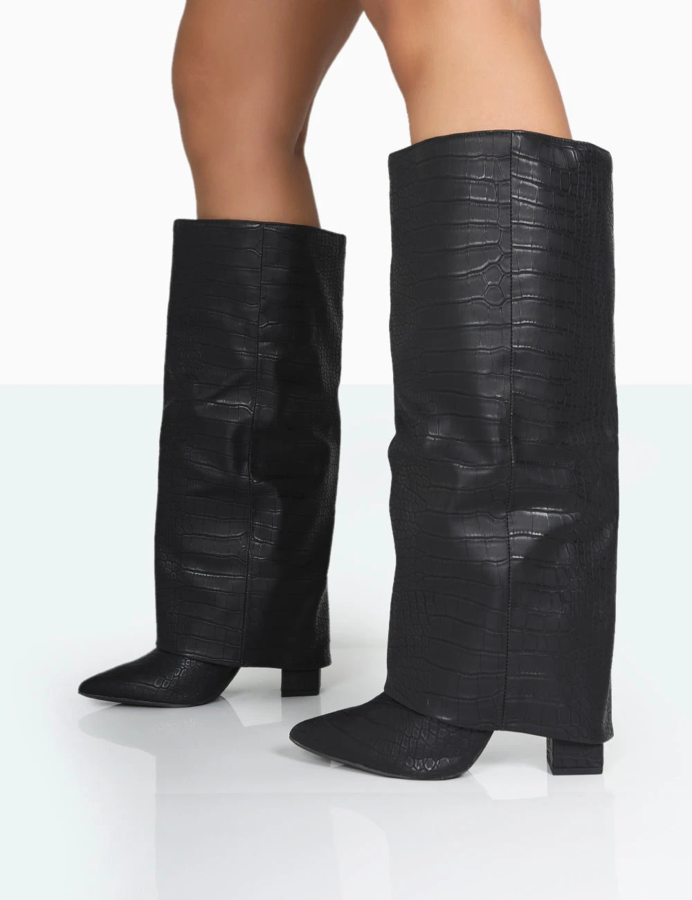 Zendaya Wide Fit Matt Black Croc Pointed Toe Knee High Boots - Image 3