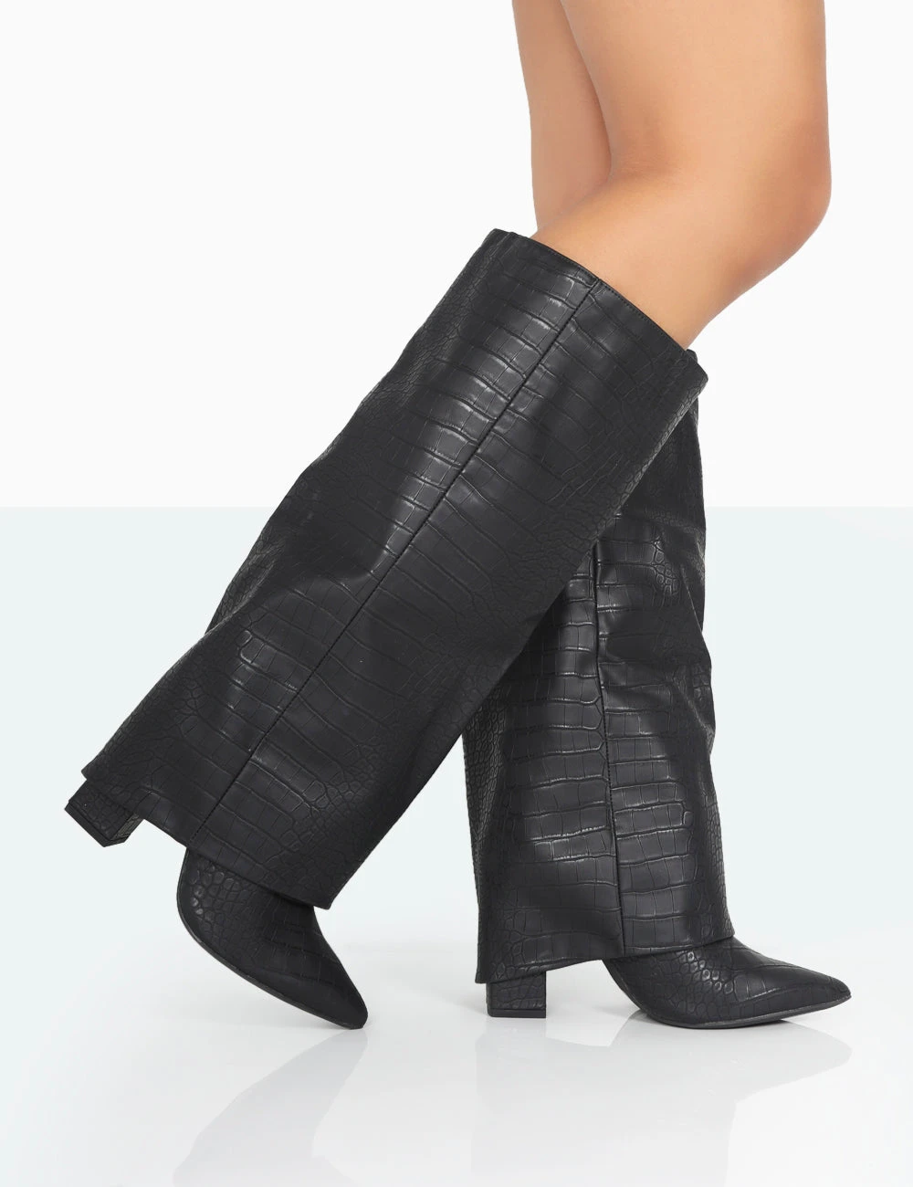 Zendaya Wide Fit Matt Black Croc Pointed Toe Knee High Boots - Image 2