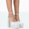 Moonchild White Diamanté Satin Closed Toe Statement Platform Block Heels