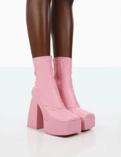 Own Thing Wide Fit Pink PU Chunky Square Toe Platform Heel Block Ankle Boots