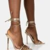 LOOK BACK WIDE FIT GOLD METALLIC POINTED TOE LACE UP STILETTO HEELS
