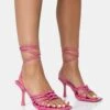 Keri Pink Patent Strappy Lace Up Mid Heels