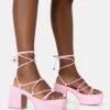 Darcy Baby Pink Strappy Lace Up Square Toe Mid Flatform Heels