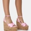 Sandy Pink PU Knot Strap Round Toe Cork Wedge Heels