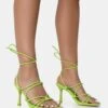 Duet Neon Lime Knot Strappy Lace Up Square Toe Mid Heels