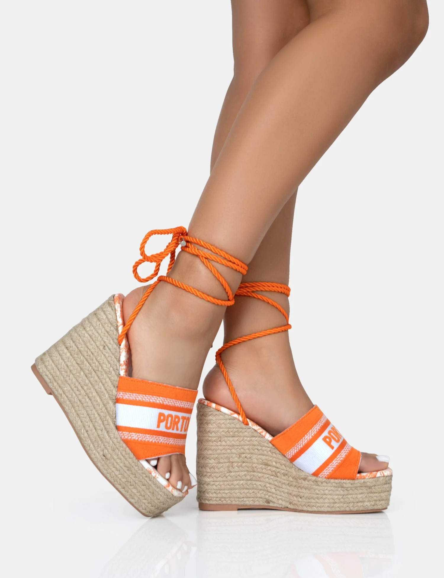 Take Off Orange Embroidered Portofino Lace Up Raffia Square Toe Wedge Heels - Image 3