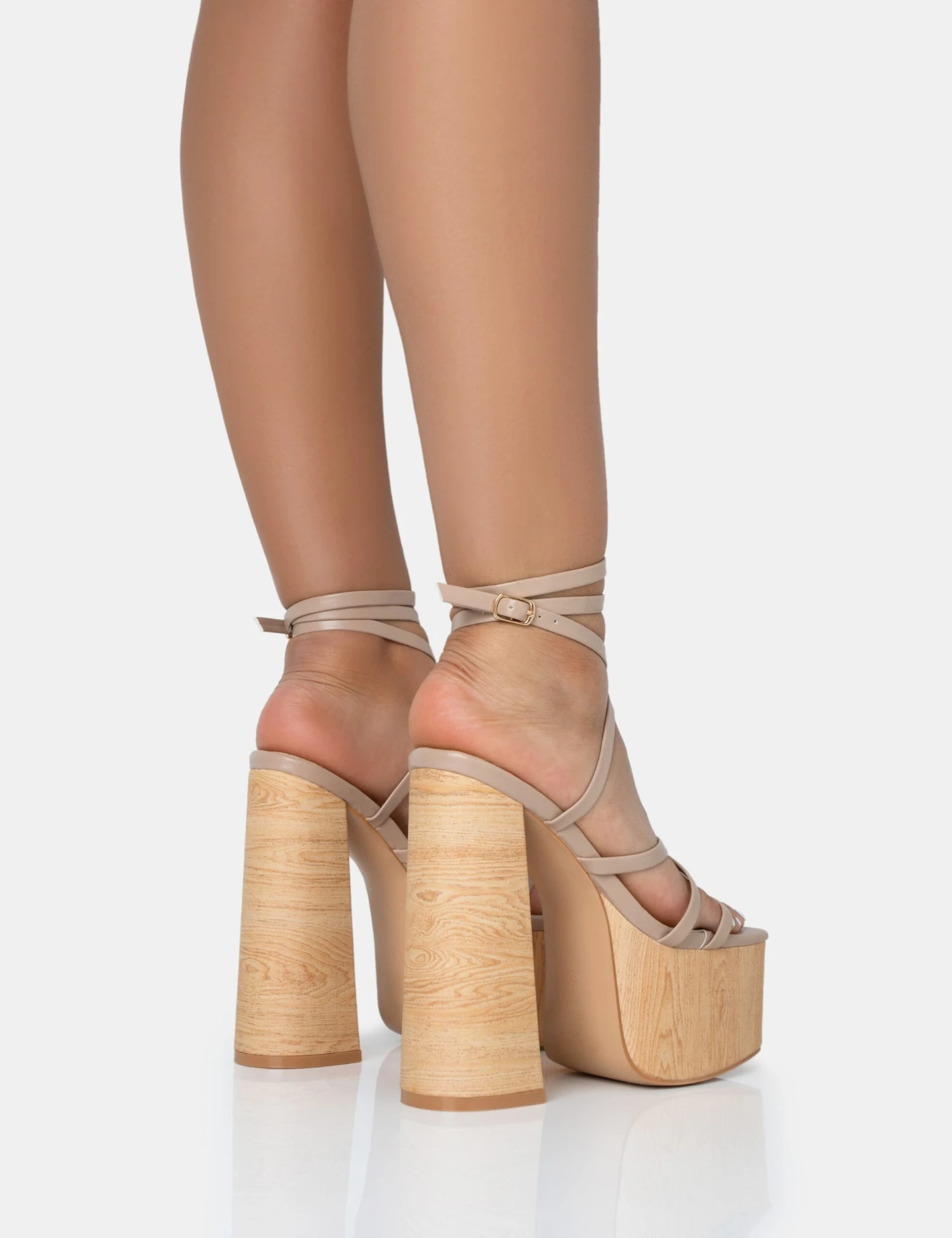 Suki Nude PU Strappy Wood Effect Platform Square Toe Block Heels - Image 4