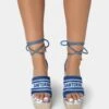 Take Off Navy Embroidered Santorini Lace Up Raffia Square Toe Wedge Heels