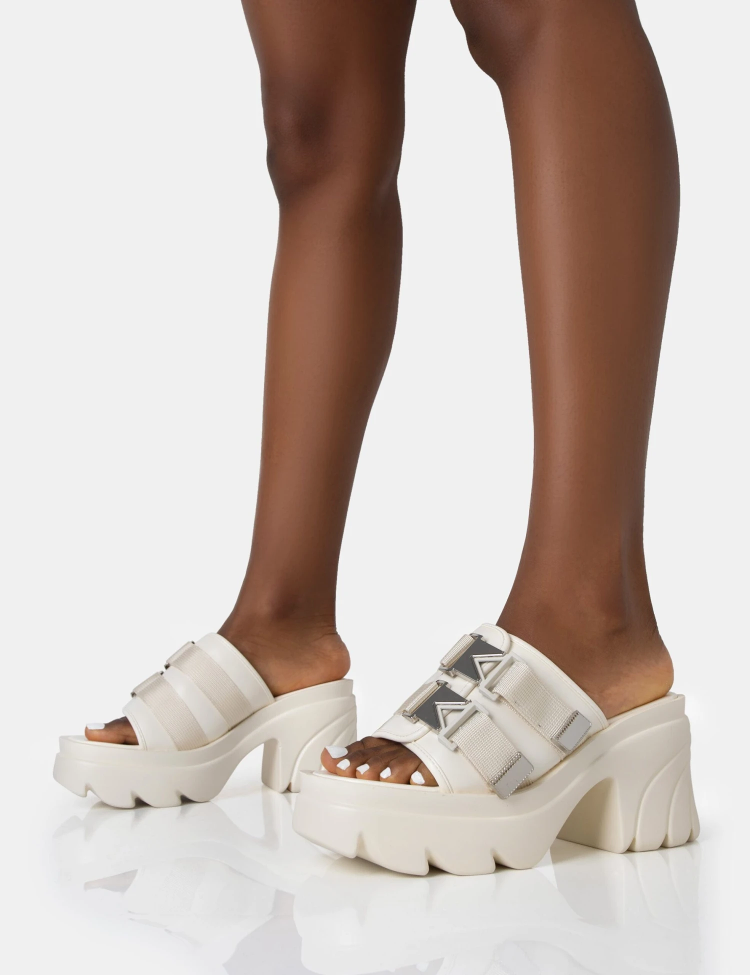 Oslo Cream Buckle Mule Platform Mid Heel Sandals - Image 3