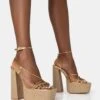 Blissful Gold Asymmetric Strappy Square Toe Raffia Platform Block Heels