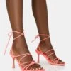 Duet Neon Pink Knot Strappy Lace Up Square Toe Mid Heels