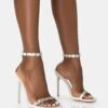 Immie Off White Satin Barely There Diamante Strap Pointed Toe Stiletto Heels