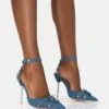 Prowl Blue Denim Strappy Metal Detailed Slingback Wrap Around The Ankle Pointed Court Stiletto Heels