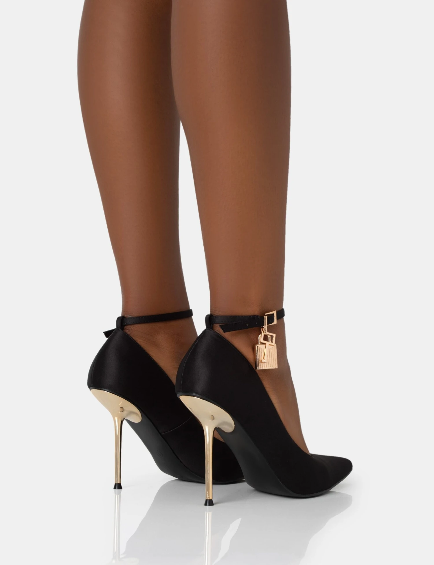 Lotty Black Satin Padlock Ankle Detail Pointed Court Stiletto Heels - Image 4