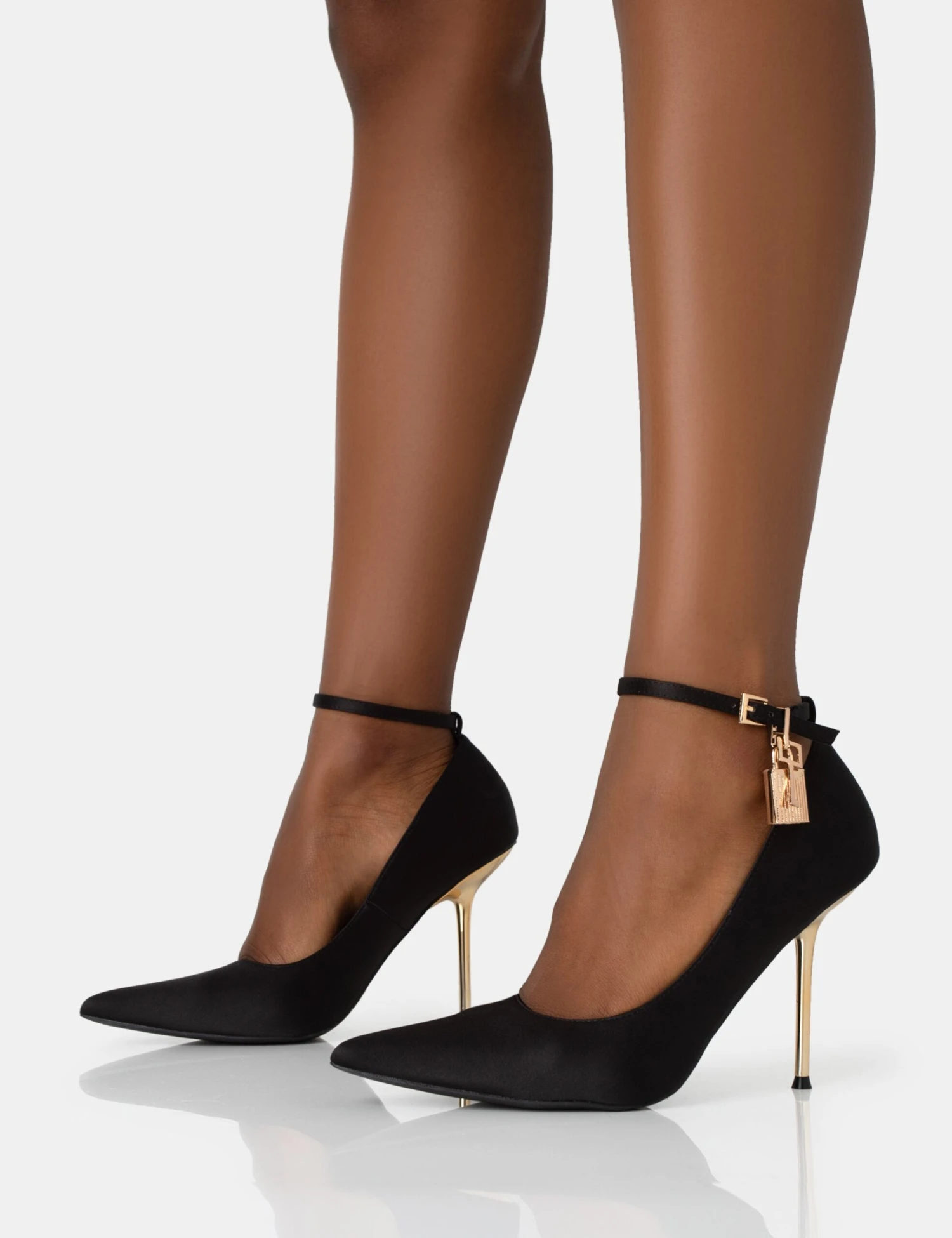 Lotty Black Satin Padlock Ankle Detail Pointed Court Stiletto Heels - Image 3