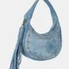 The Cato Washed Blue Denim Bleached Studded Tassel Boho Shoulder Bag