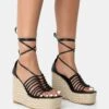 Reece Black PU Knot Strap Lace Up Raffia Wedge Heels