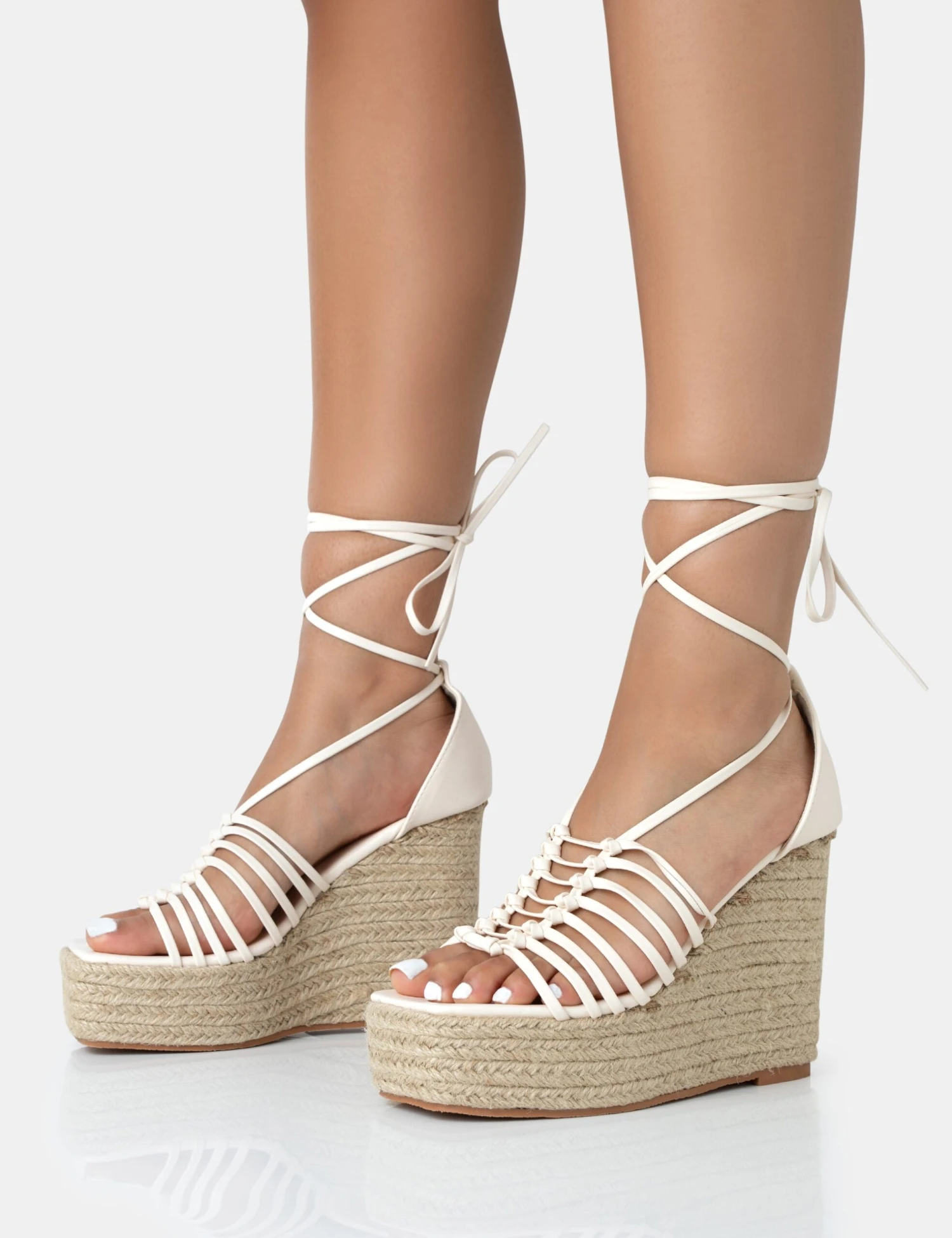 Reece Wide Fit Ecru Pu Knot Strap Lace Up Raffia Wedge Heels - Image 3