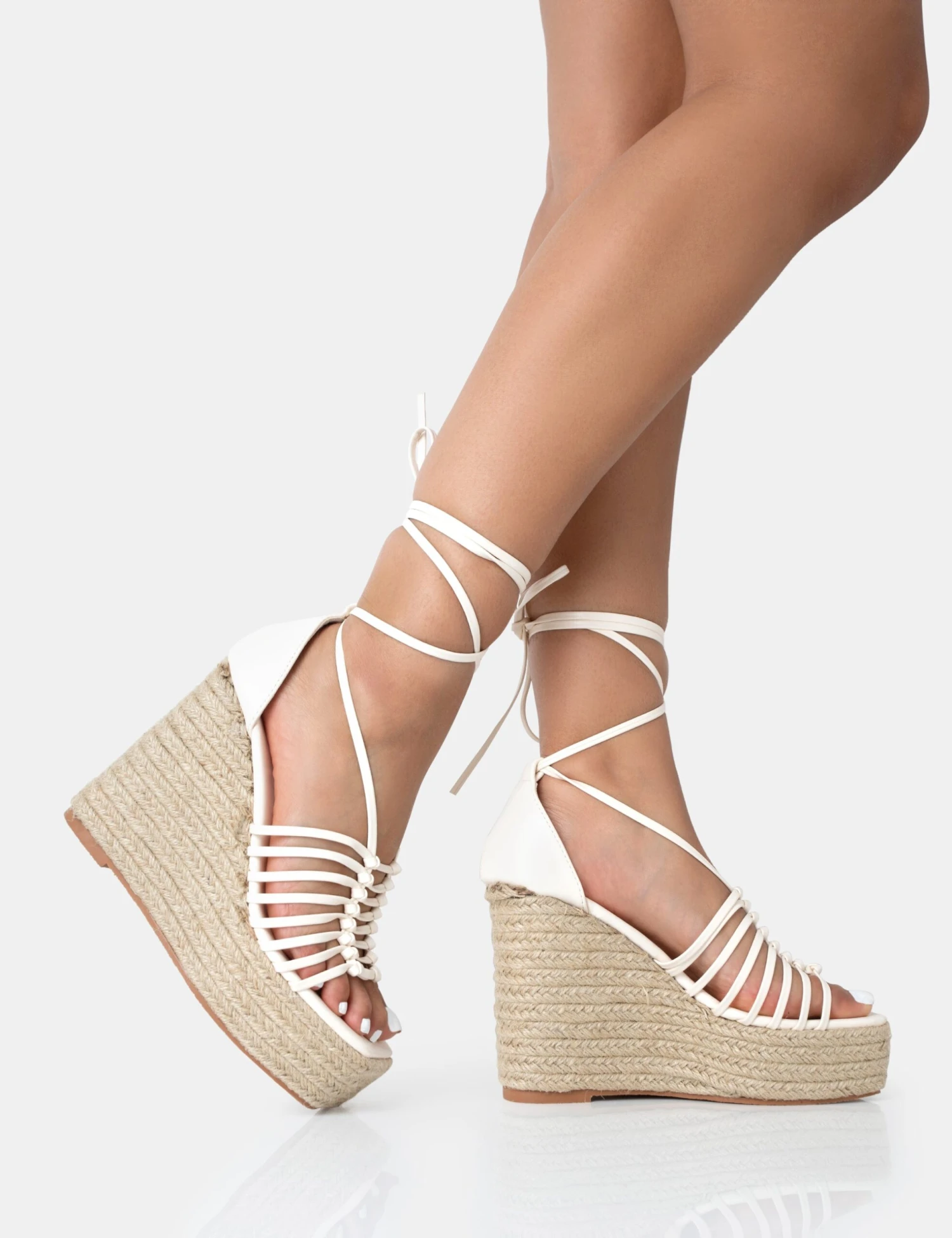 Reece Wide Fit Ecru Pu Knot Strap Lace Up Raffia Wedge Heels - Image 2