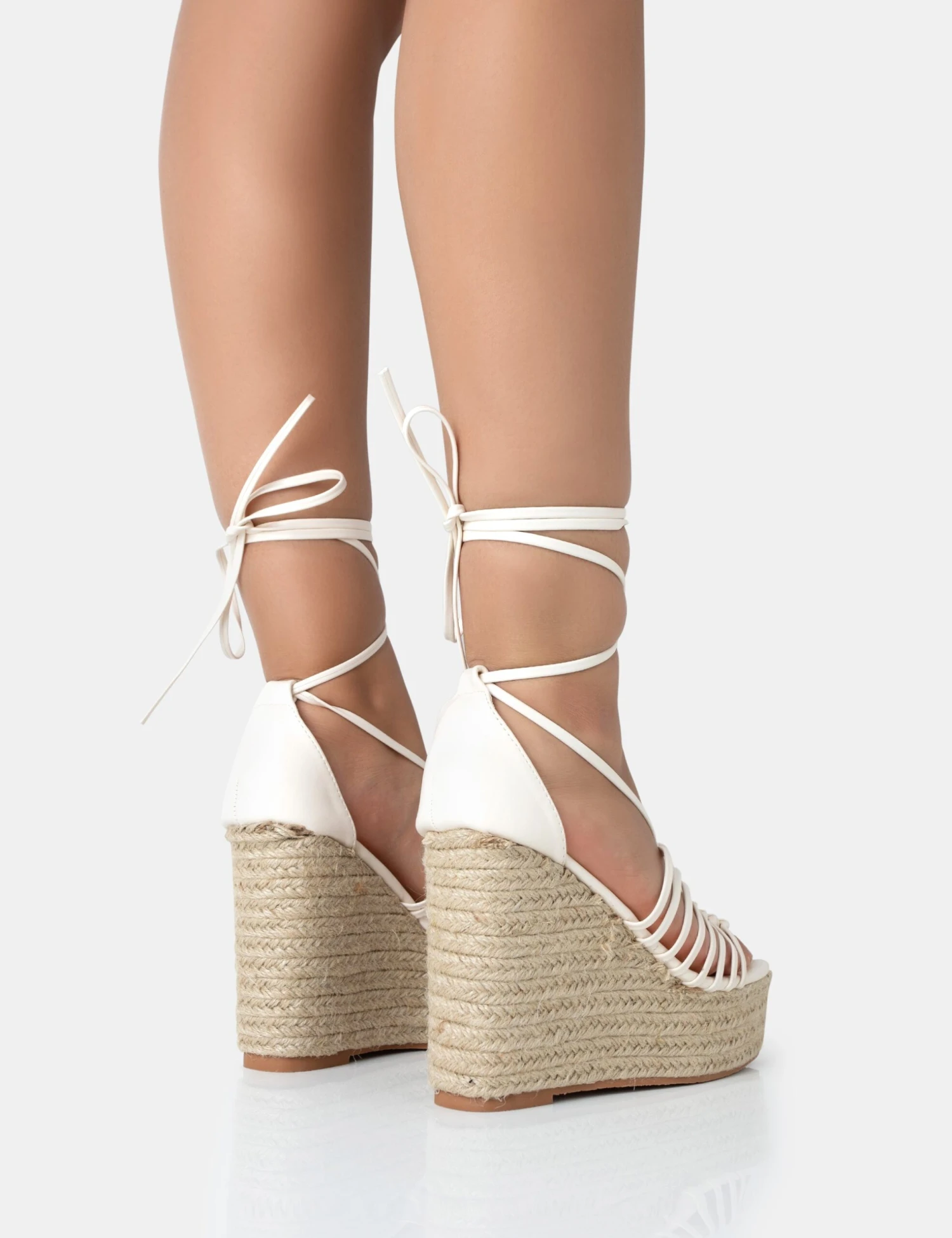 Reece Wide Fit Ecru Pu Knot Strap Lace Up Raffia Wedge Heels - Image 4