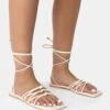 Kelly Ecru PU Lace Up Flat Square Toe Sandals
