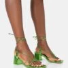 Aloha Green Metallic Lace Up Block Mid Heeled Sandals