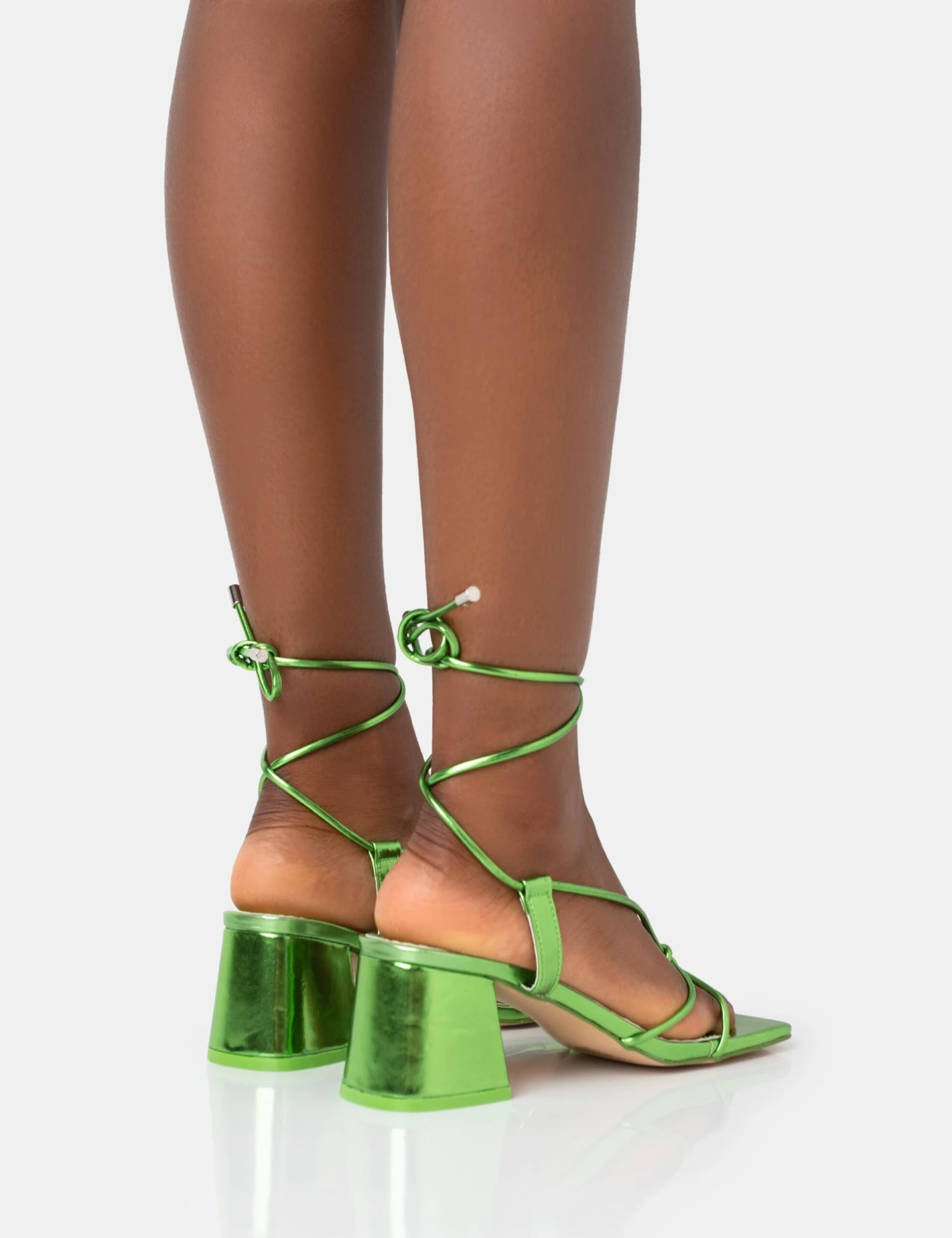 Aloha Green Metallic Lace Up Block Mid Heeled Sandals - Image 4