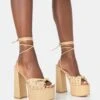 Crete Raffia Diamante Twist Strap Lace Up Platform Block Heels
