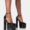 Paparazzi Black Patent Extreme Platform Rounded Closed Toe Block High Heels