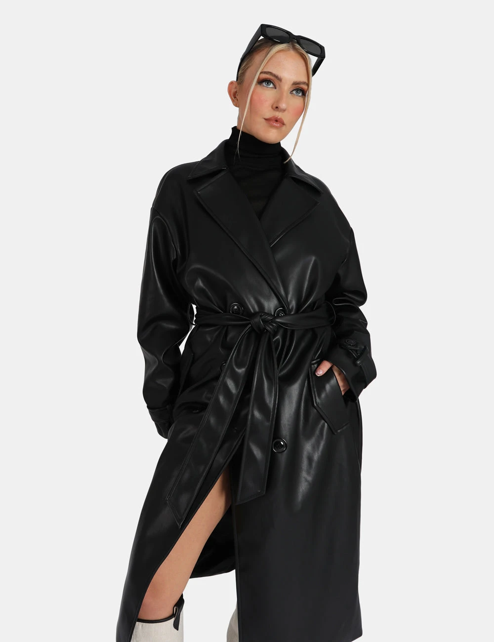 Longline Pu Belted Black Trench - Image 3