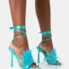 Iconic Bright Blue Satin & Blue Feather Detail Square Toe High Heels