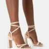 Ives Stone Pu Strappy Lace Up Square Toe Slim Block Heels