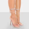 Lacey Pink Patent Square Toe Strappy Lace Up Stiletto Heels