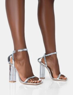 Onyx Silver Pu Diamante Mirror Ankle Strap Square Toe Perspex Block Heels