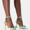 Midnight Sage Satin Wrap Around Diamante Bow Pointed Toe High Heels