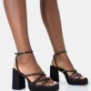 Playout Black Satin Diamante Strappy Platform Square Toe Mid Block Heels