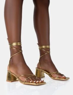 Aerin Gold Pu Lace Up Strappy Square Toe Block Mid Heels