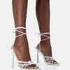 Glow Up White PU Knotted Strappy Lace Up Square Toe Stiletto Heels