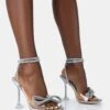 Glimmer Silver Holographic Perspex Wrap Around Diamante Bow Square Toe Heels