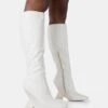 Vanessa Ecru PU Inverted Wedge Square Toe Heeled Knee High Boots