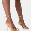 Euphoria Gold Pu Square Toe Lace Up Mid Heels