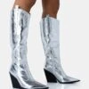 Navada Silver Metallic Western Cowboy Pointed Toe Block Heel Knee High Boots