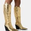 Navada Gold Metallic Western Cowboy Pointed Toe Block Heel Knee High Boots