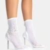 VIP White Diamante Holographic Detailed Mesh Pointed Toe Stiletto Sock Boot Heels