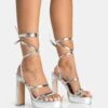 Gimme Gimme Silver PU Strappy Lace Up Block Heels