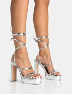 Gimme Gimme Silver PU Strappy Lace Up Block Heels