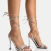 Jenner Silver PU Diamante Strap Lace Up Square Toe Cake Stand Stiletto Heels