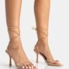Unruly Nude Pu Perspex Strappy Lace Up Pointed Toe Stiletto Heels