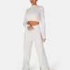 V Front Wide Leg Ribbed Knitted Trousers White