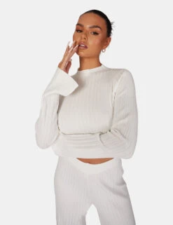 Long Sleeve High Neck Ribbed Knitted Crop Top White